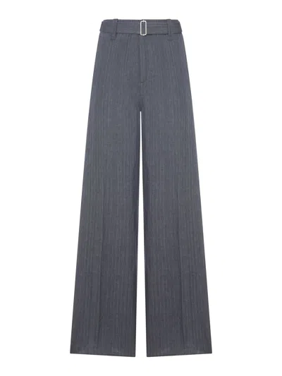 Lardini Tailored Pinstripe Linen Palazzo Trousers With Belt In Gray
