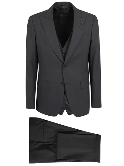 Lardini Tailored Three-piece Suit With Flower-shaped Lapel Pin In Black