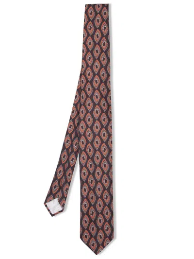 Lardini Pure Silk Tie With Brown And Red Geometric Pattern In Schwarz