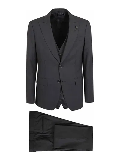 Lardini Tailored Three-piece Suit With Flower-shaped Lapel Pin In Black