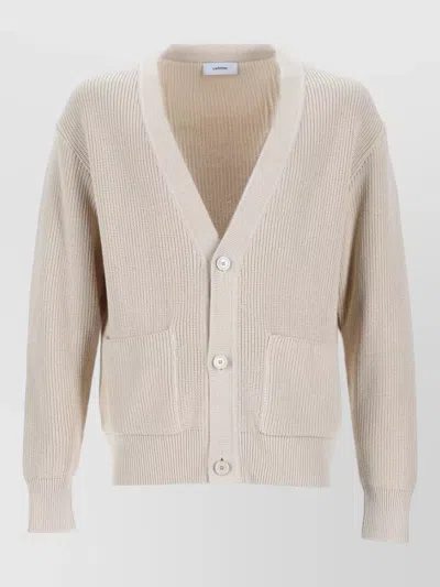 Lardini V Neck Cardigan Ribbed Knit Front Pockets In Neutral