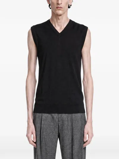 Lardini V-neck Knitted Wool Vest In Black