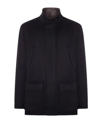 Lardini Short Cashmere Coat With Leather Collar In Black