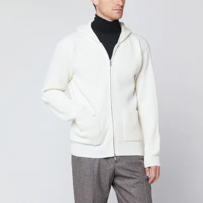 LARDINI WHITE WOOL AND CASHMERE HOODED CARDIGAN