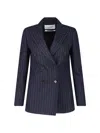 Lardini Double Breasted Pinstripe Blazer Flower Pin In Blue