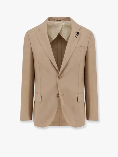 Lardini Wool Blazer With Iconic Brooch In Sand