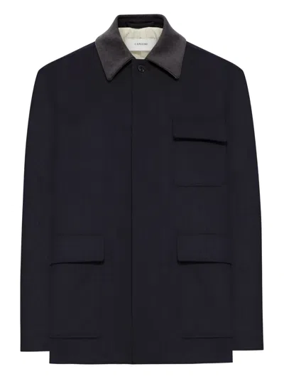 Lardini Wool Contrast-collar Jacket In Blue