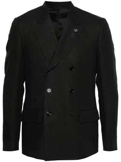 Lardini Blazer Doppiopetto In Lino Con Spilla In Nero