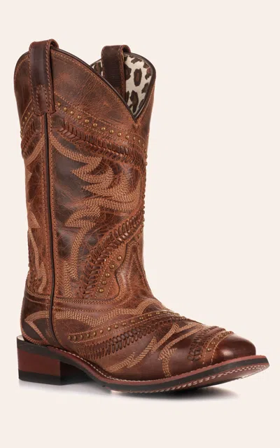 Laredo Women's Charli Brown With Lacing And Studs Wide Square Toe Cowboy Boots