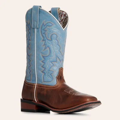 Laredo Women's Darla Distressed Brown And Sky Blue Wide Square Toe Cowboy Boots In Multi