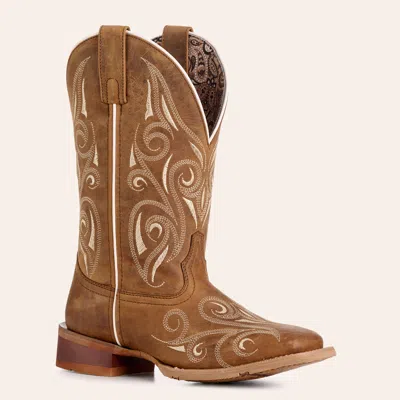 Laredo Women's Spurred Tan Embroidered Wide Square Toe Cowboy Boots