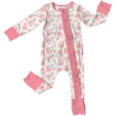 Laree + Co Babies'  Katie-rae Floral Ruffle Convertible Zip Footie In Pink