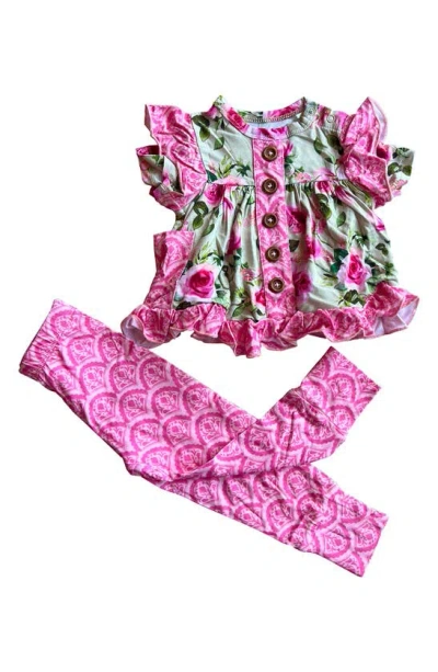Laree + Co Babies' Lochlyn Floral Ruffle Dress & Leggings Set In Green/pink