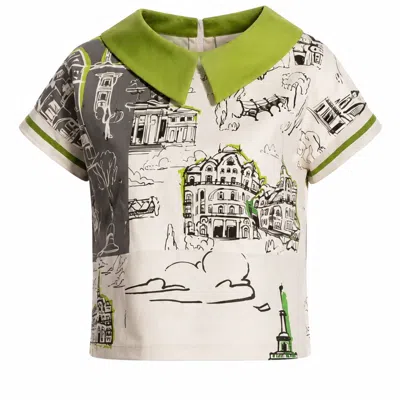 Larisa Dragna Women's Black / White / Green Blouse With Green Detachable Collar And Architectural Print In Black/white/green