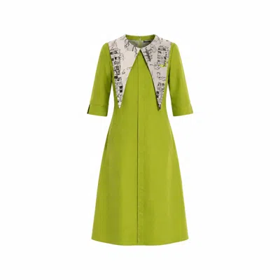 Larisa Dragna Women's Green / Grey A-line Cotton Dress With Detachable Collar In Green/grey