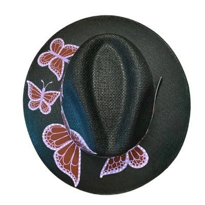 Larkin Lane Women's Black / Pink / Purple Hand-painted Hat From Mexico- Butterflies - Black, Purple In Black/pink/purple