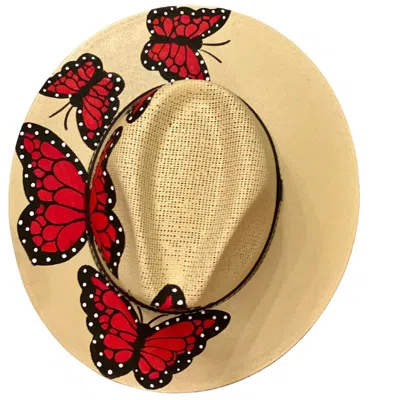 Larkin Lane Women's Hand-painted Hat From Mexico - Butterflies - Red In Neutral
