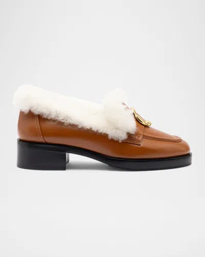 Larroude Bobbie Leather & Shearling Penny Loafers In Caramel