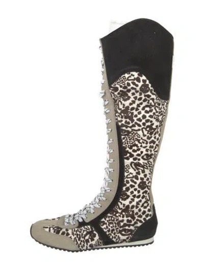 Pre-owned Larroude Calf Hair Animal Print Riding Boots In Neutral
