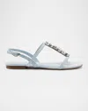 Larroude Calypso Embellished Denim Flat T-strap Sandals In Maya