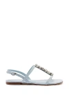 Larroude Calypso Embellished Denim Flat T-strap Sandals In Blue