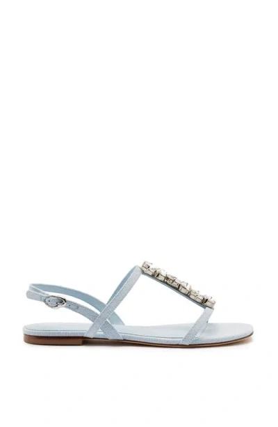 Larroude Calypso Embellished Denim Flat T-strap Sandals In Blue