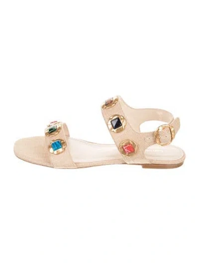 Pre-owned Larroude Canvas Beaded Accents Flats In Neutrals