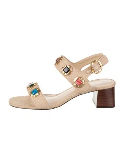 Pre-owned Larroude Canvas Beaded Accents Sandals In Neutral