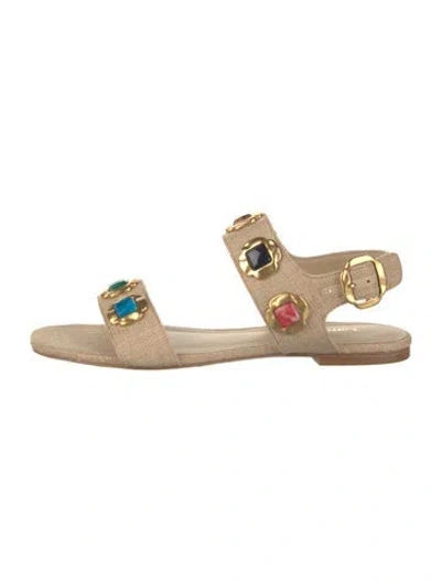 Pre-owned Larroude Canvas Beaded Accents Sandals In Neutral