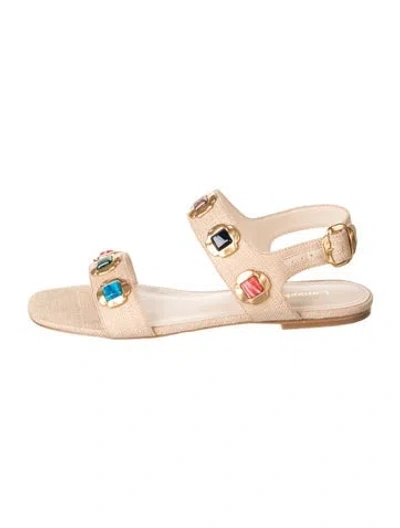 Pre-owned Larroude Canvas Crystal Embellishments Flats In Neutrals