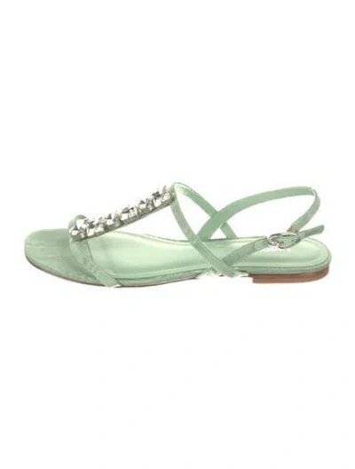 Pre-owned Larroude Canvas Crystal Embellishments Slingback Sandals In Green