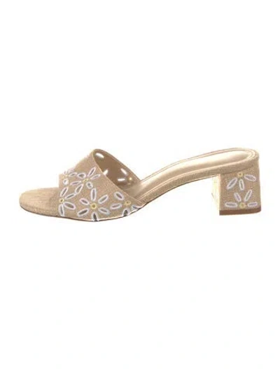 Pre-owned Larroude Canvas Embroidered Accent Slides In Neutral