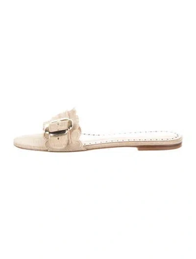 Pre-owned Larroude Canvas Embroidered Accent Slides In Neutrals