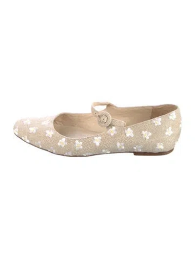 Pre-owned Larroude Canvas Floral Print Mary Jane Flats In Neutral