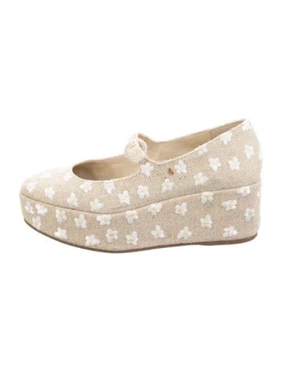 Pre-owned Larroude Canvas Floral Print Mary Jane Flats In Neutral