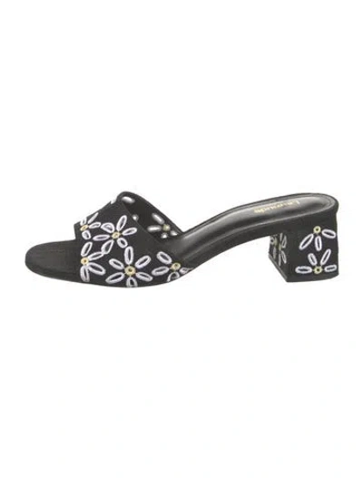 Pre-owned Larroude Canvas Floral Print Slides In Black