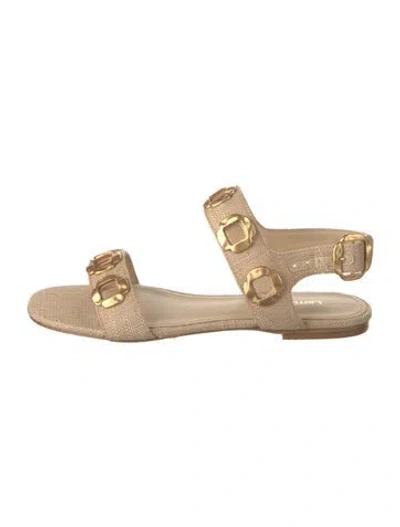 Pre-owned Larroude Canvas Leather Trim Embellishment Sandals W/ Tags In Gold