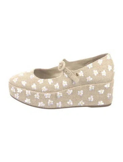 Pre-owned Larroude Canvas Patterned Mary Jane Flats In Neutral