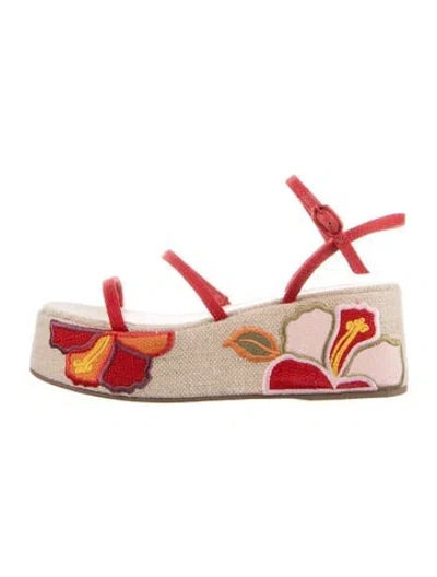 Pre-owned Larroude Canvas Patterned Sandals In Red