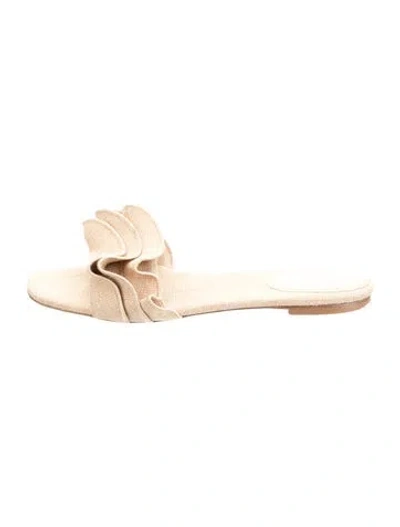 Pre-owned Larroude Canvas Ruffle Embellishment Slides In Neutral