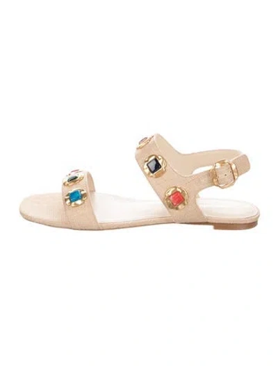 Pre-owned Larroude Canvas Studded Accents Flats In Neutrals