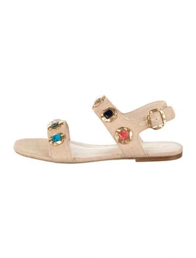 Pre-owned Larroude Canvas Studded Accents Sandals In Neutral