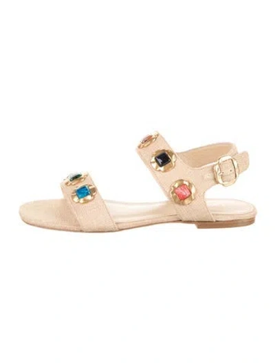 Pre-owned Larroude Canvas Studded Accents Sandals In Neutrals