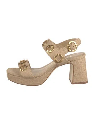 Pre-owned Larroude Canvas Studded Accents Sandals W/ Tags In Neutral