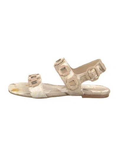 Pre-owned Larroude Canvas Studded Accents Slingback Sandals In Neutral