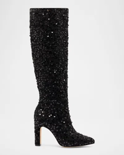 Larroude Cindy Leather Sequin Knee Boots In Black