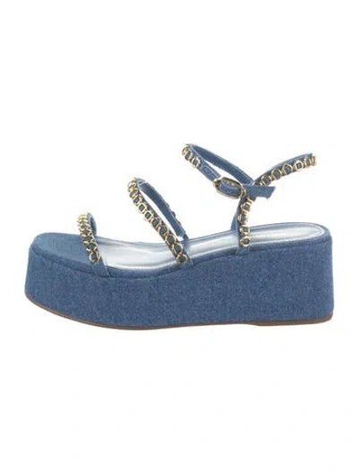 Pre-owned Larroude Denim Chain-link Accents Slingback Sandals In Blue