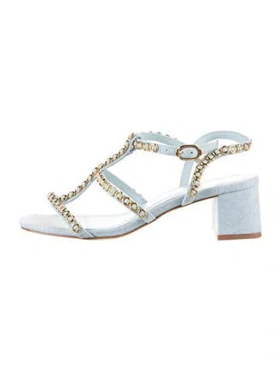 Pre-owned Larroude Denim Chain-link Accents T-strap Sandals In Black