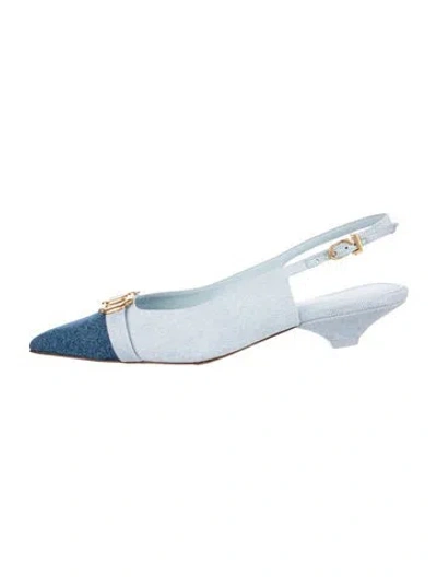 Pre-owned Larroude Denim Colorblock Pattern Slingback Pumps In Blue