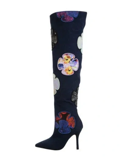Pre-owned Larroude Denim Floral Print Boots In Blue
